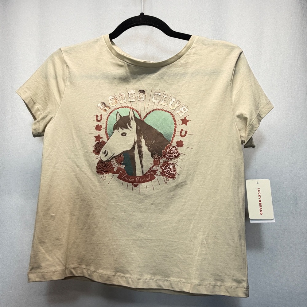 Lucky Brand T-Shirt Girls Large‎ 12/14 Cream Rodeo Club Horse Graphic Tee